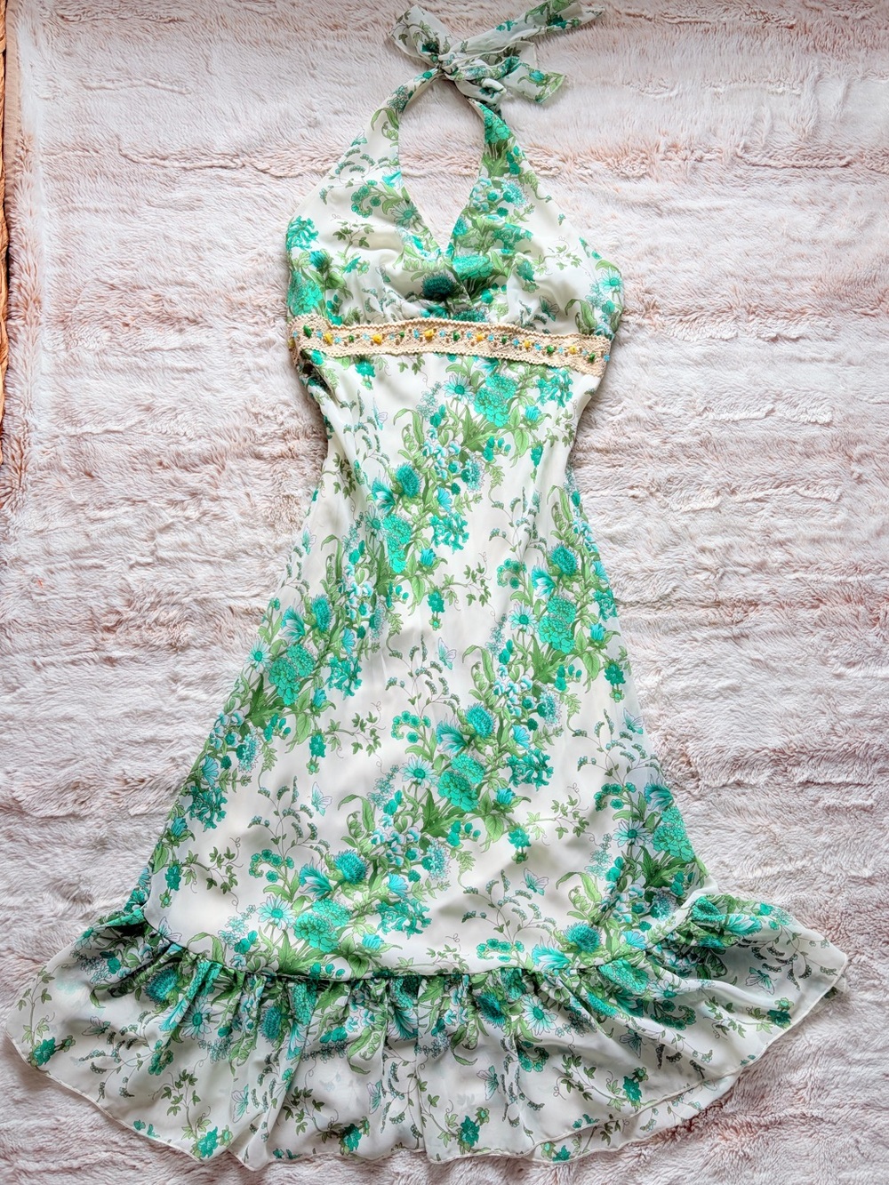 🧚🏼 Vintage Y2K Beaded Fairycore Cottagecore Floral Halter Dress Boho Coquette